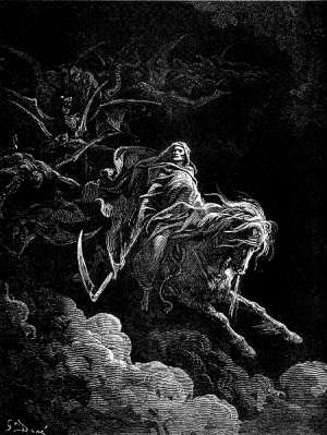 "Death rides into the world. He is the fourth knight of the apocalypse. Hell follows him."(1865), Artist: Paul Gustave Dore (Jan 6, 1832 - Jan 23, 1883)